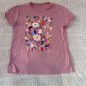 ⭐️Floral Graphic Tee Large Pink Crew Neck Short Sleeve Botanical Print Cotton